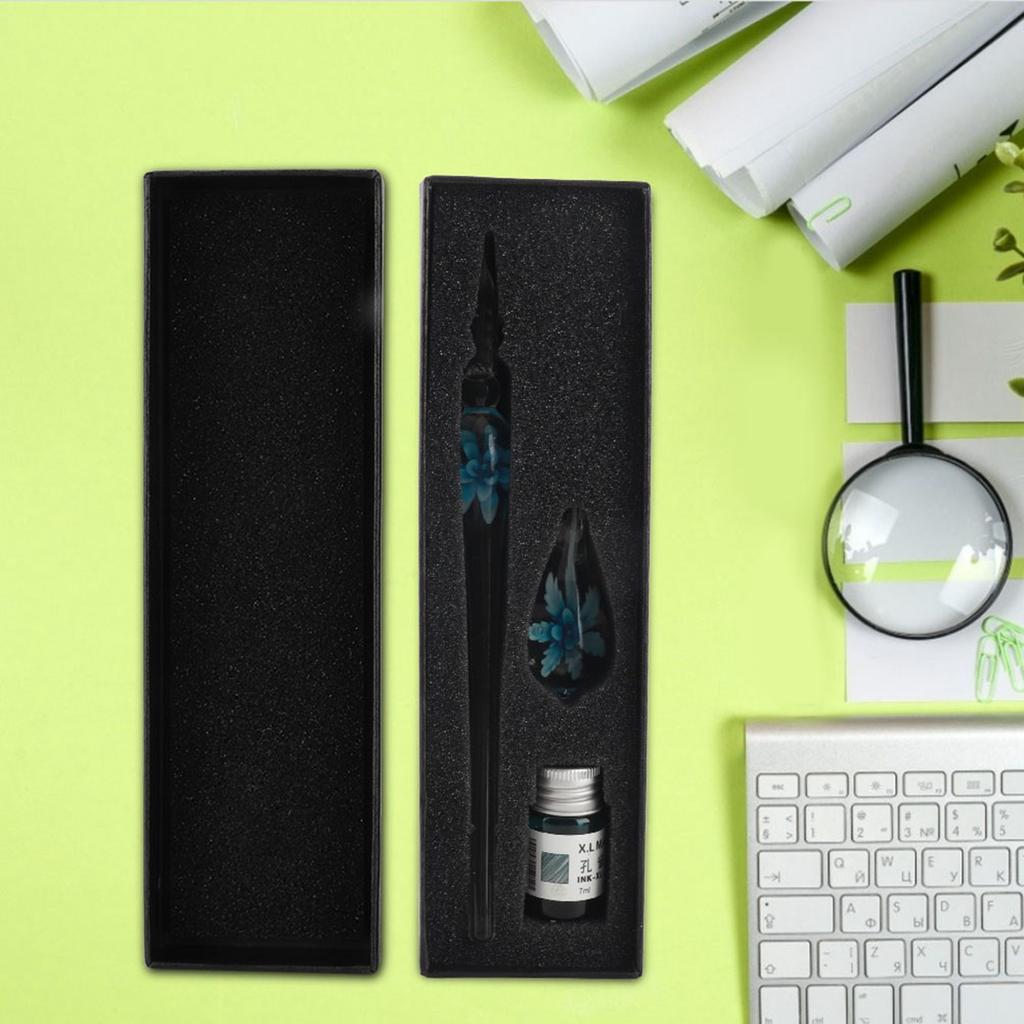 Retro Elegant Flower Glass Dip Pen Signature Ink Fountain Pen with Ink Penholder Pink