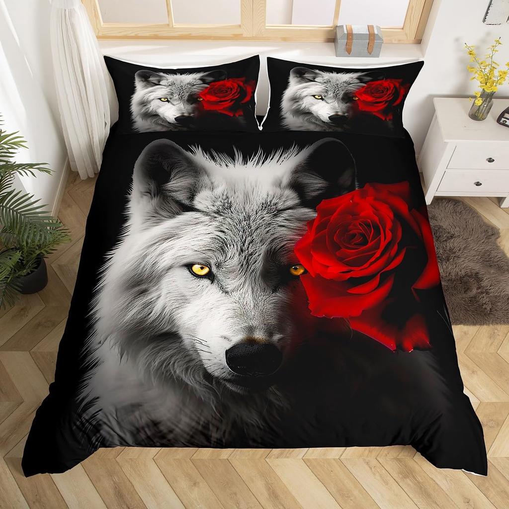 Wolf Warm Comforter Cover King Quen,Safari Animal Beding Set for Young Boys Adult Peoples Wild Wolves Soft Duvet Cover Smoky Mountain Comfortable