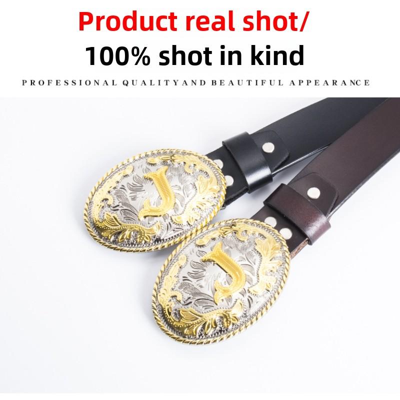 Whole Cowhide Retro Men's Belt Letter L Gold and Silver Two-color Oval Buckle Belt Men