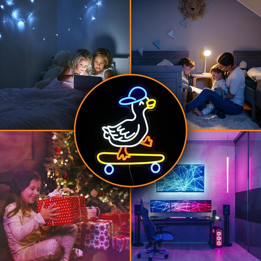 Skateboard Duck Neon Sign Dimmable LED Happy Duck Neon Light USB Powered Hat Duck Light Up Sign Living Room Bedroom Art Wall Decor Boys Girls Gift