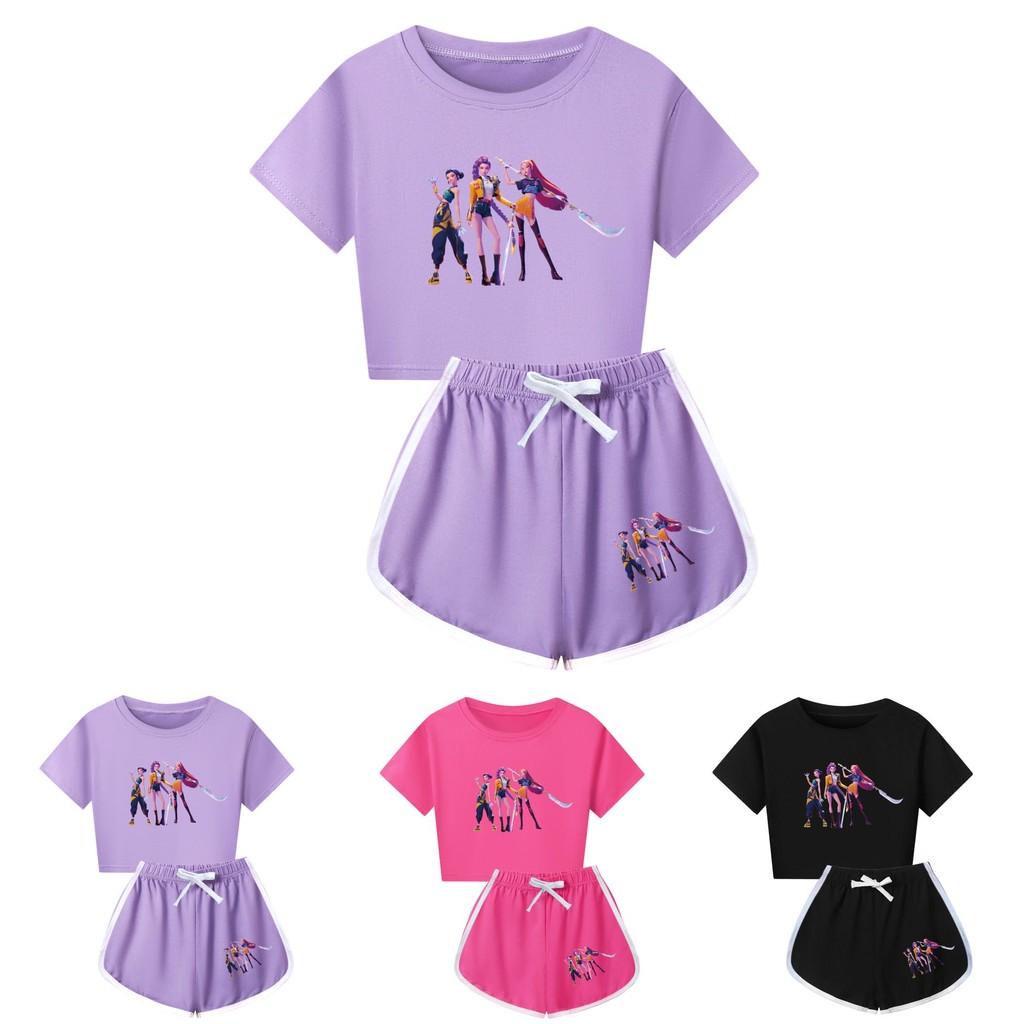 Kpop Demon Hunters Print Child Short Sleeve Shorts Pajama Set With Polyester Cotton Blend For Family Sleepwear