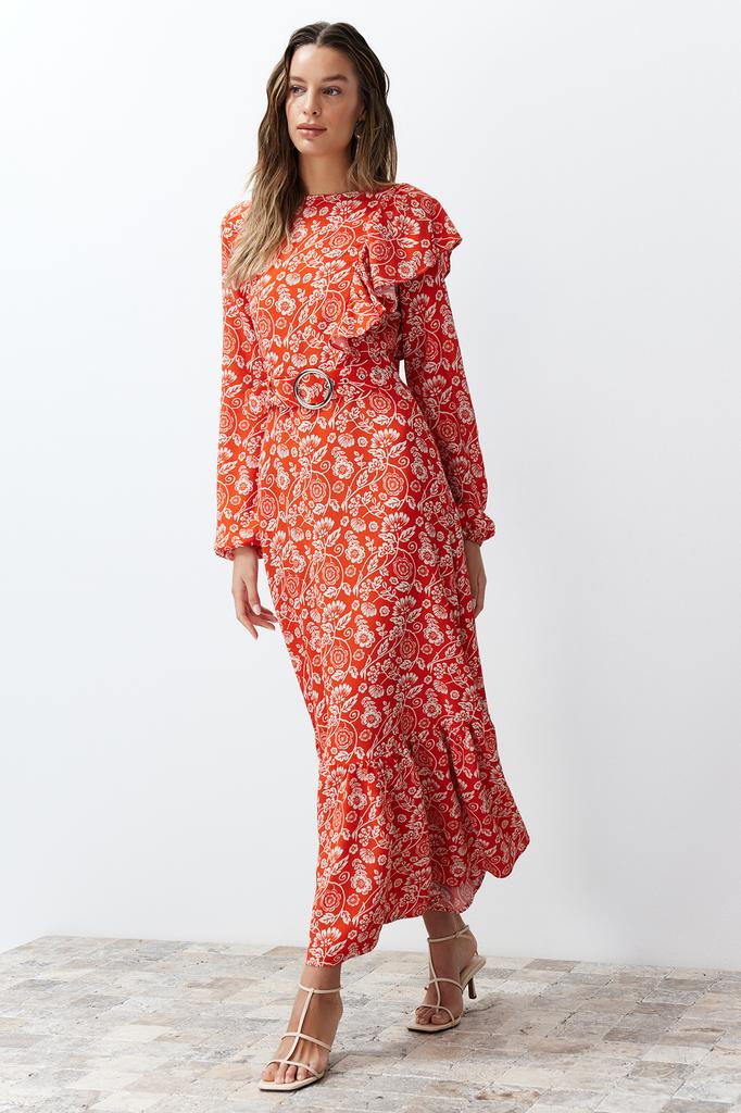 Women's Hijab Dress New Season Fashion Stone Floral Lined Ruffle Detailed Belted Woven Dress