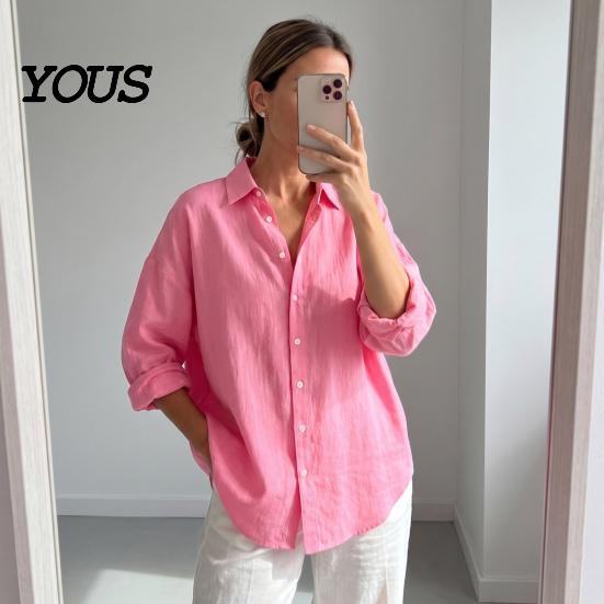 Casual Long Sleeve Tops Women Button Front Shirt, Turndown Collar Blouse, Relaxed Fit Solid Color Drop Shoulder Fall Top for Daily Wear
