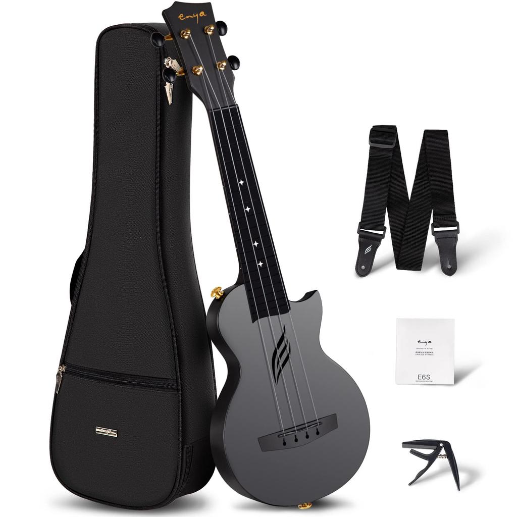 Enya Nova U Mini Black Soprano Ukulele Beginner Set (Carbon Fiber) Includes Case, Strap, Capo, and Spare Strings (Black) [Official Japanese Product]