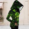 Women Plus Size Asymmetric Cutout Neck Cold Shoulder Long Sleeve Fitted Top Dark Green Golden Clover Printed