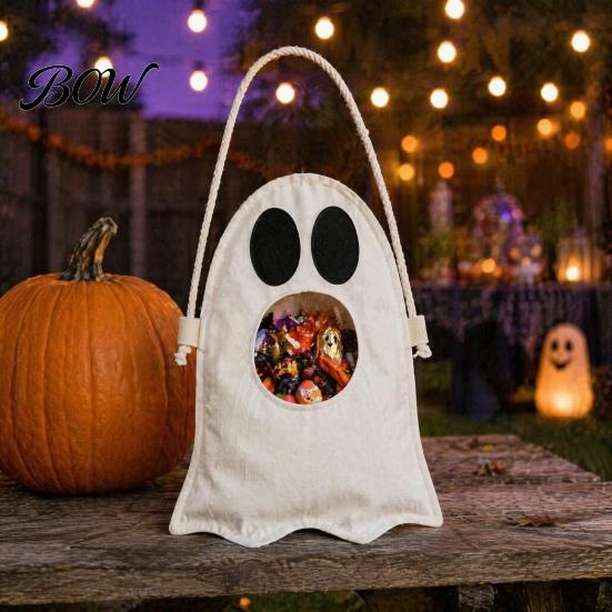 Durable Fabric Candy Holder Halloween Ghost Bag for Kids, Cute Treat or Trick Party Favor Sack Tote with Handle, Spooky Snack Goodie Bags Supplies