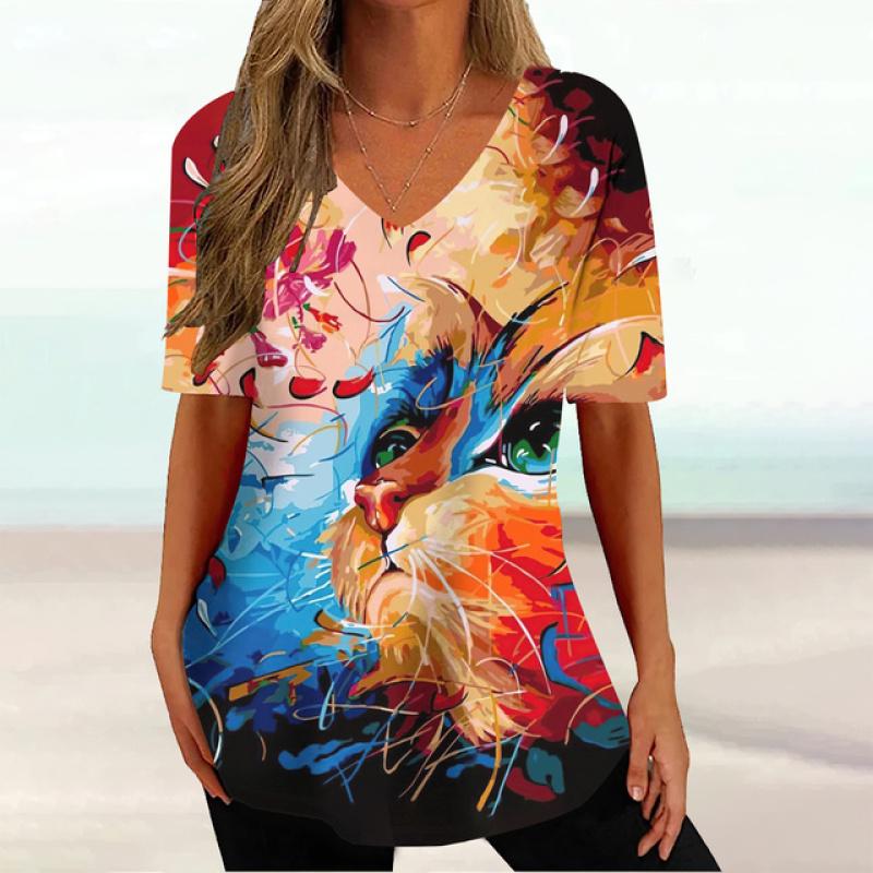 2023 модная женская одежда, топы с короткими рукавами и 3d цветным принтом кошки, повседневные уличные пуловеры, летние женские футболки больших размеров