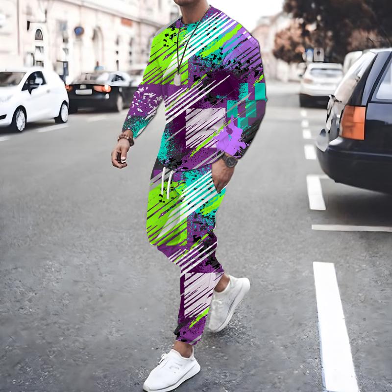 Spring Fall 3D Printed Square Graffiti Pattern Men's Long Sleeve Suit Fashion Casual Street O Collar Sweatshirt And Pants Suit