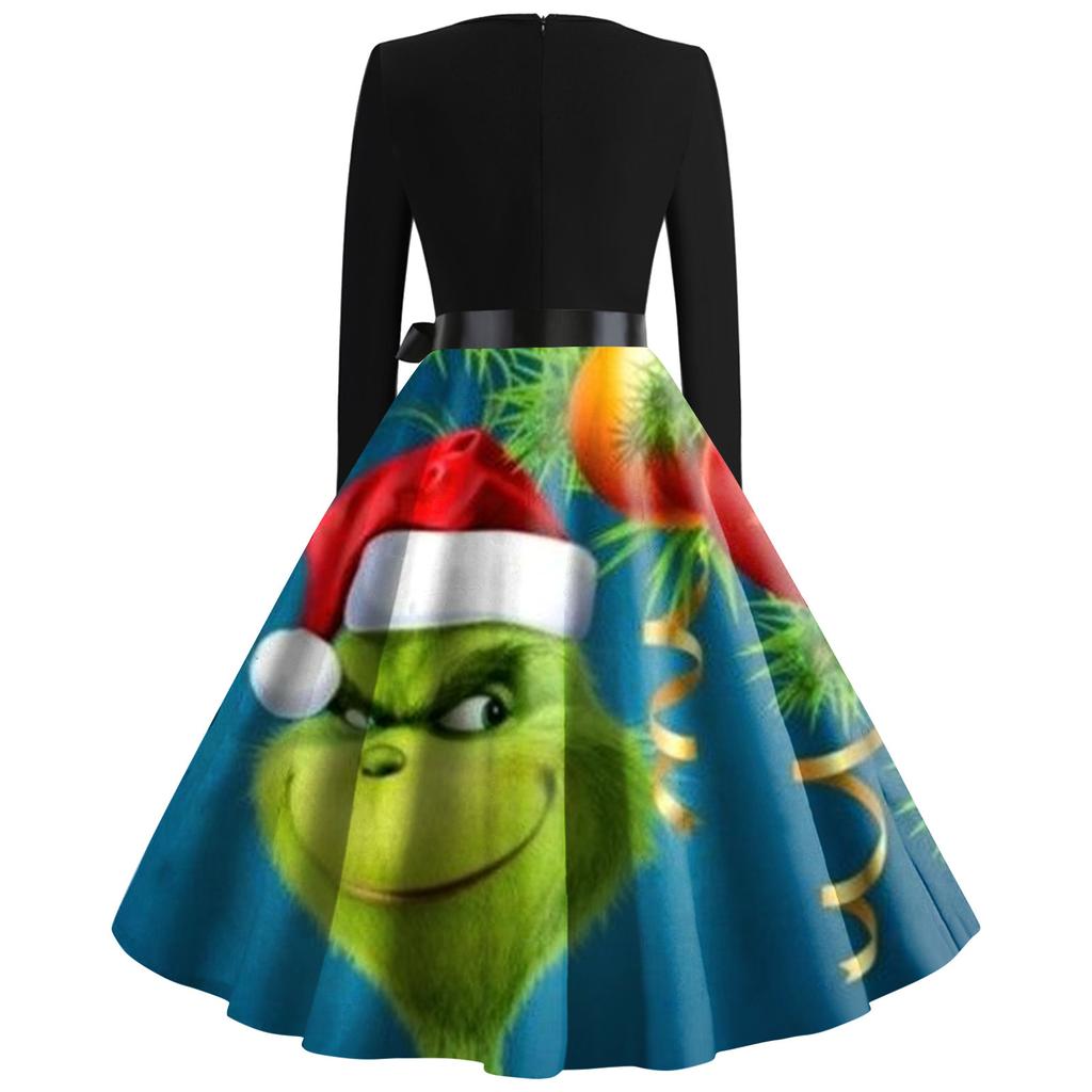 Женское рождественское расклешенное платье с принтом для женщин, платье с длинным рукавом, вечерние повседневные платья
