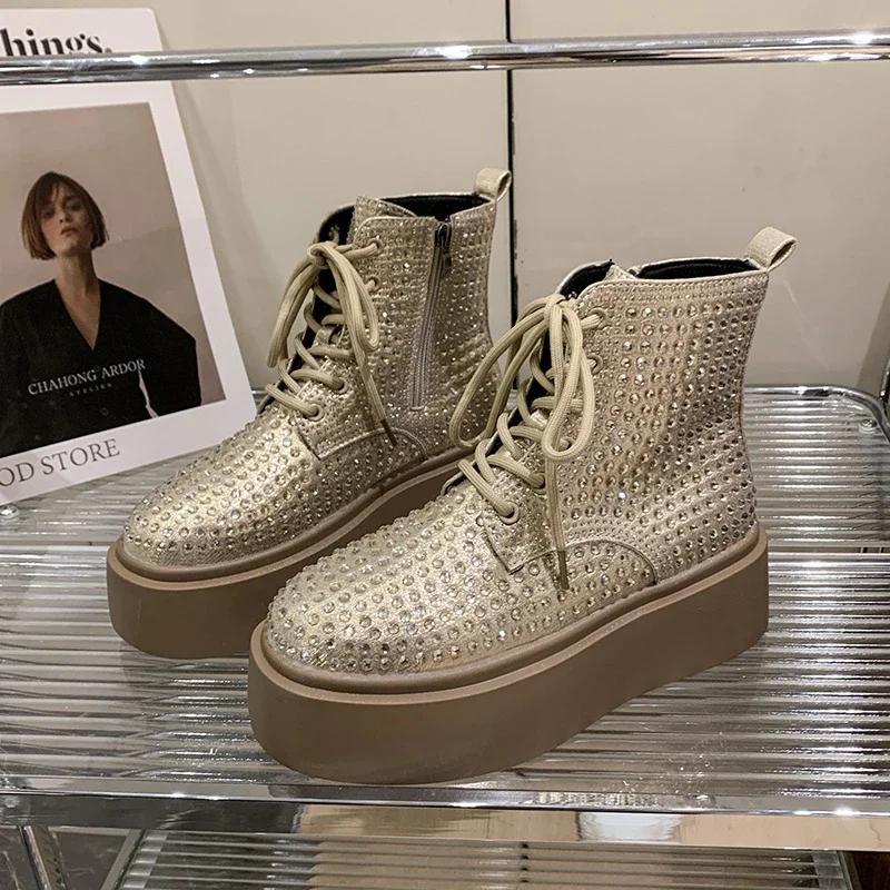 Fashion Luxury Crystal Platform Ankle Boots Flats Women Shoes Winter Sneakers 2025 Trend Designer New Chelsea Boots Elegant Botas Mujer