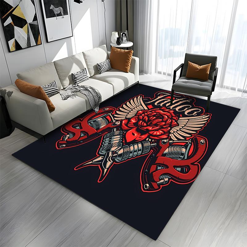 Rose, Wings, and Tattoo Machines Design Patterned carpet a non slip rug suitable for all seasons and any setting, gift