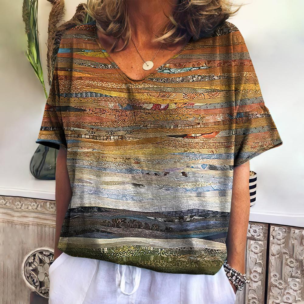 Summer Women's T-shirt Landscape V-neck T Shirt Ladies Fashion Short Sleeve Tops Retro Streetwear Fashion Clothes Female Casual