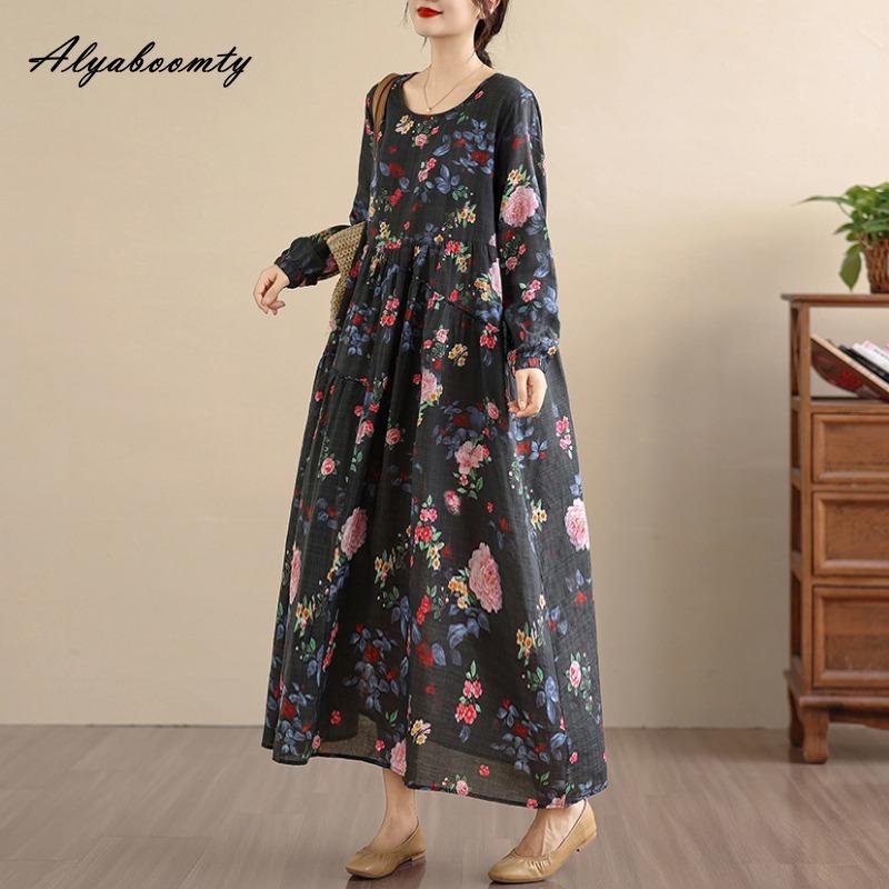 Plus Size Spring Autumn Women Baggy Dress O Neck Floral Print Vintage Oversized Dress Long Sleeve Retro Midi Cotton Dress