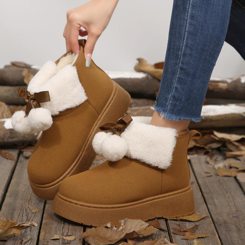 Мягкие Толстая Подошва Пушистые Зимние Ботинки Женские 2025 Зимние Массивная Платформа Пушистый Мех Ботильоны Симпатичный Плюшевый Помпон Бант Хлопковая Обувь