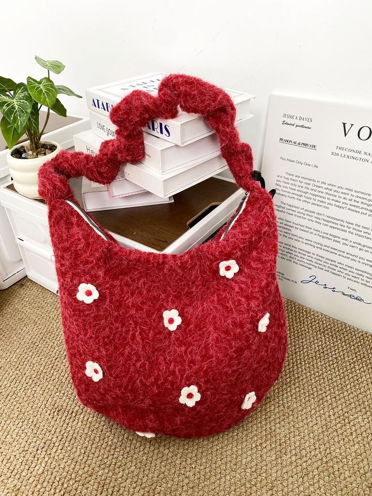 Fashion Three-dimensional Flower Plush Women's Shoulder Bags Drawstring Ladies Crossbody Bag Large Capacity Female Tote Bag