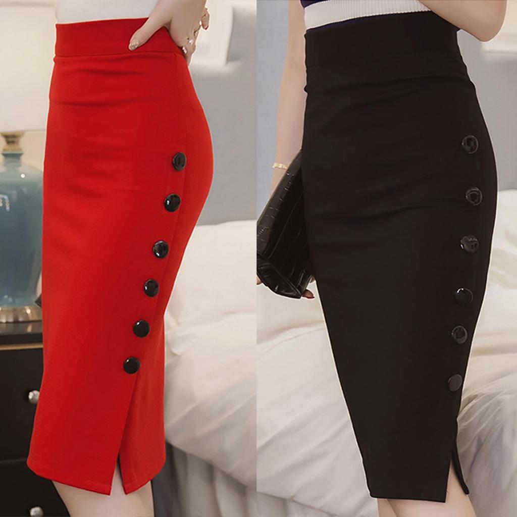 Womens Pencil Skirt Ladies High Waisted Button Split Office Skirt Multiple Size
