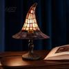 USB Powered Lamp Stained Glass Witch Hat Lamp, Resin Night Light, Gothic Dorm Room Light Halloween Table for Bedroom Bookshelf Mantel Party