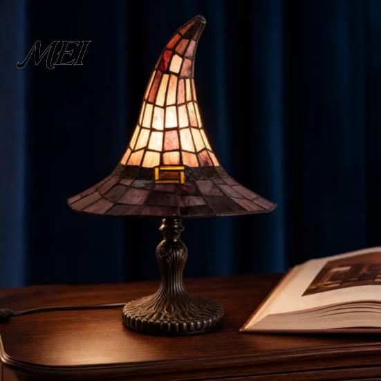 USB Powered Lamp Stained Glass Witch Hat Lamp, Resin Night Light, Gothic Dorm Room Light Halloween Table for Bedroom Bookshelf Mantel Party