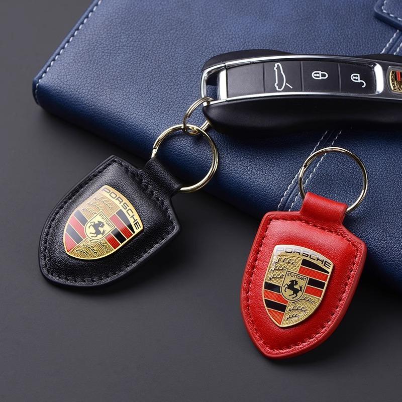 AAOY1 For Porsche 911 718 Cayenne Cayman Panamera Macan Taycan Boxster Car Keychain Key Holder Shield Leather Key Rings Men Women Gift