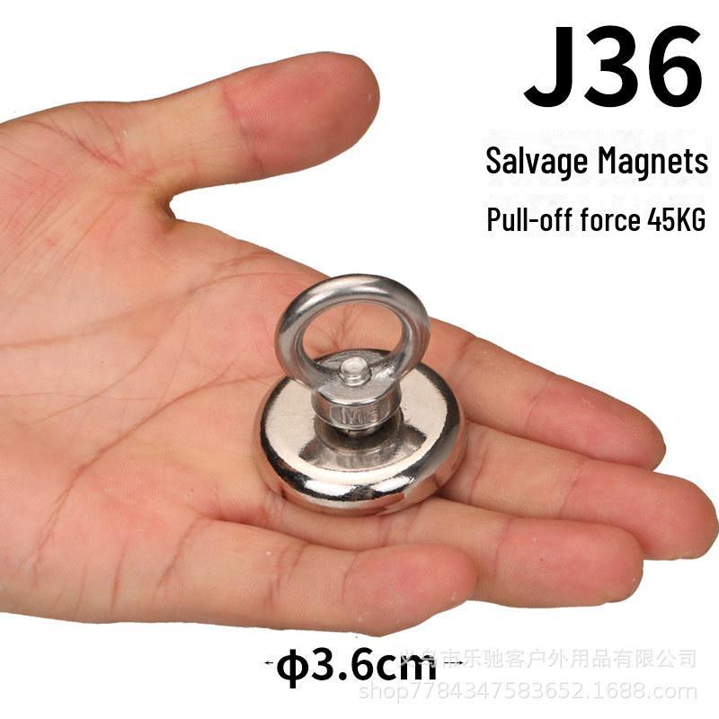 Мощный магнитный спасательный магнит J48 с магнитом NdFeB, основанием с присоской и подъемным кольцом для надежного удержания и фиксации.