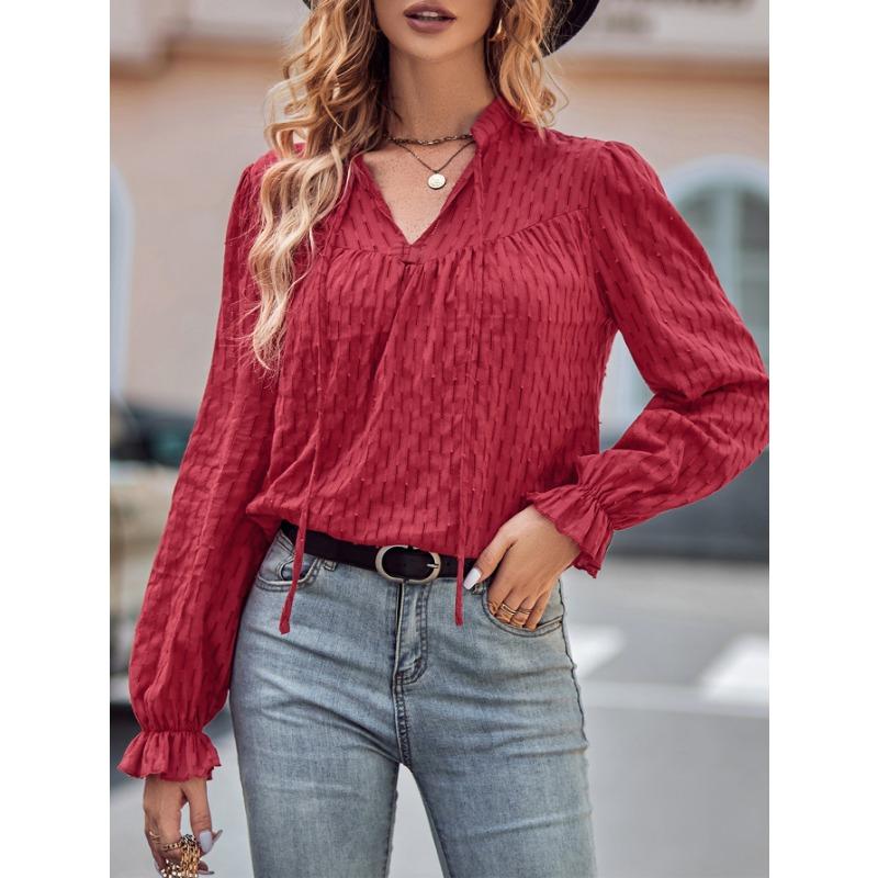 Spring and Autumn Women's Blouse Solid Color Slim V-Neck Flutter Long Sleeve Top