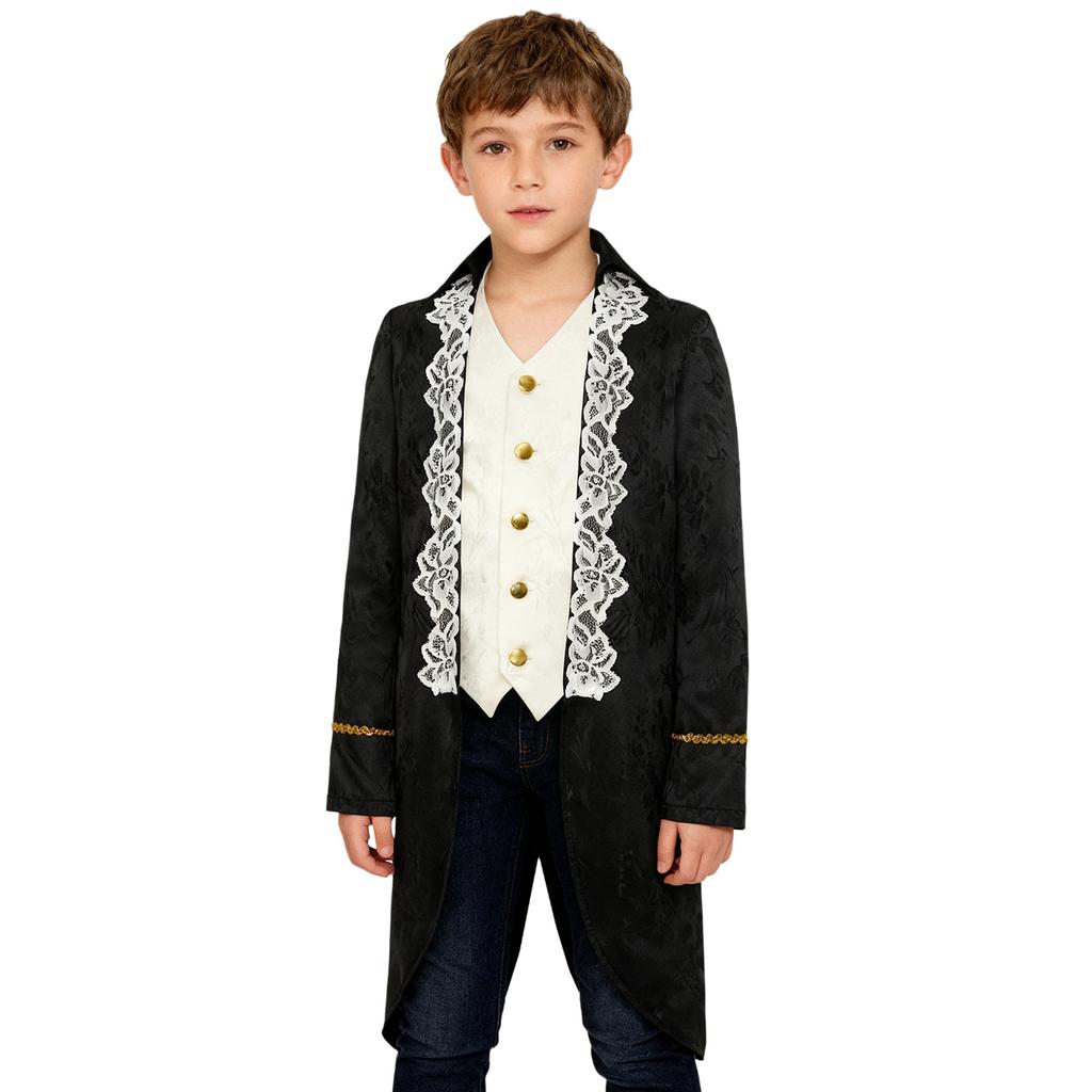 Boys Medieval Renaissance Victorian Jacket Turn Down Collar Long Sleeves Fake Two in One Lace Embroidery Tailcoat