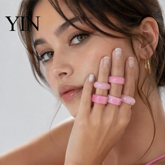 Smooth Polished Rings 4 Pcs Resin Chunky Ring Set for Women, Square Travel Jewelry Dome Statement Stackable Rings, Pink Knuckle Accessories