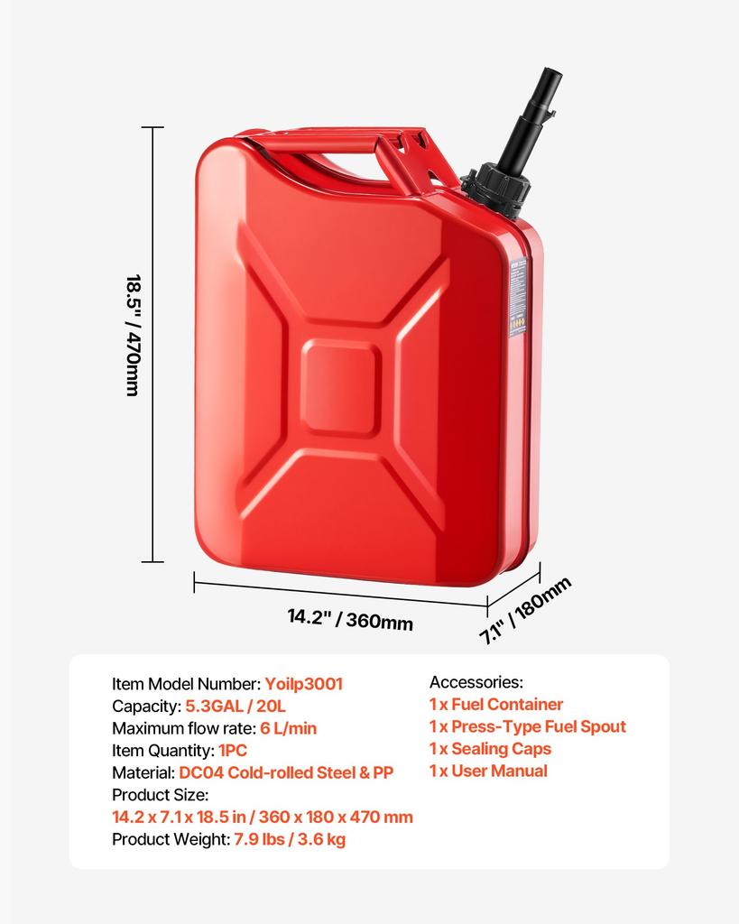 VEVOR Metal Fuel Container, 20 L, Fuel Jerry Can with Spout and Comfort Handle, 6 L/min Max Flow Rate