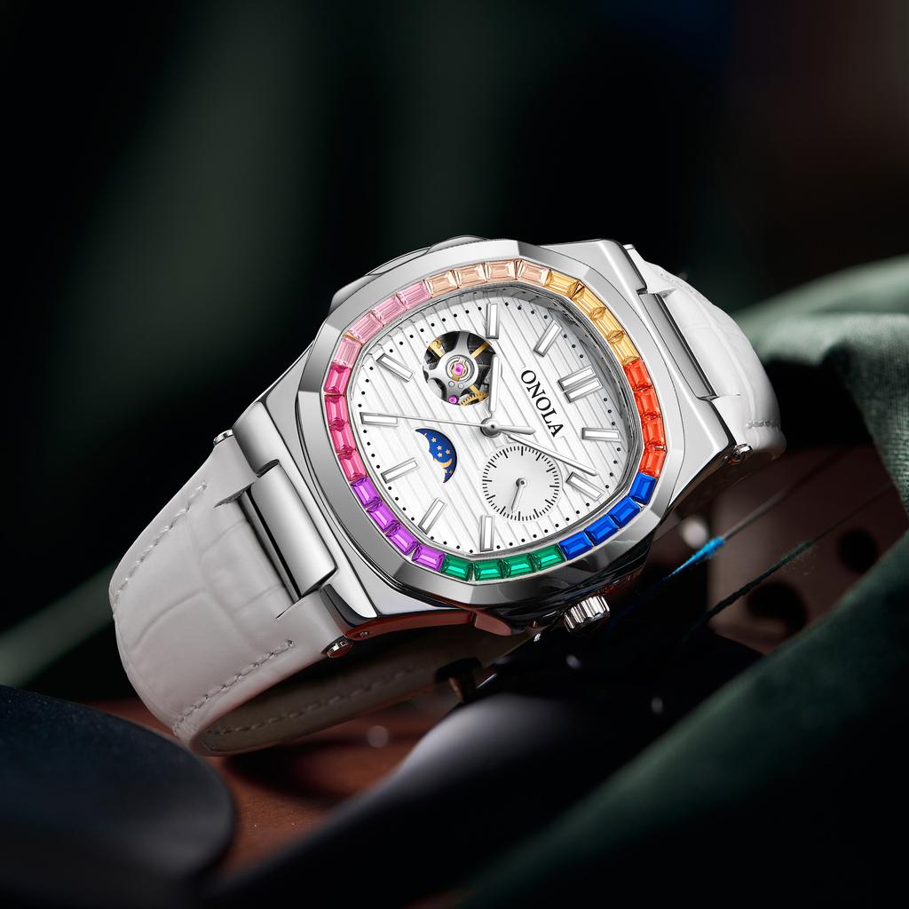 Fashion Colorful Diamond Hollow Wristwatch Automatic Mechanical Men's and Women's Watches Waterproof Leather Watch Men's Clock