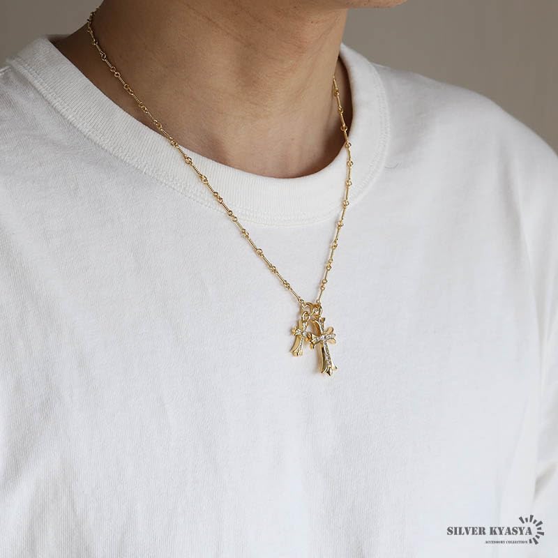 Двойной крест ожерелье витая цепочка ожерелье золото 18KGP серебро 50см крест прозрачный камень модный популярный трендовый [серебро KYASYA] мужской