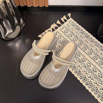 Модные туфли Чехол Носок Стринги Бусины Шлепанцы Повседневные Шлепанцы Женские Лоферы Ажурные Каблуки Слайды Платформа Роскошь 2025 Мягкая Мода