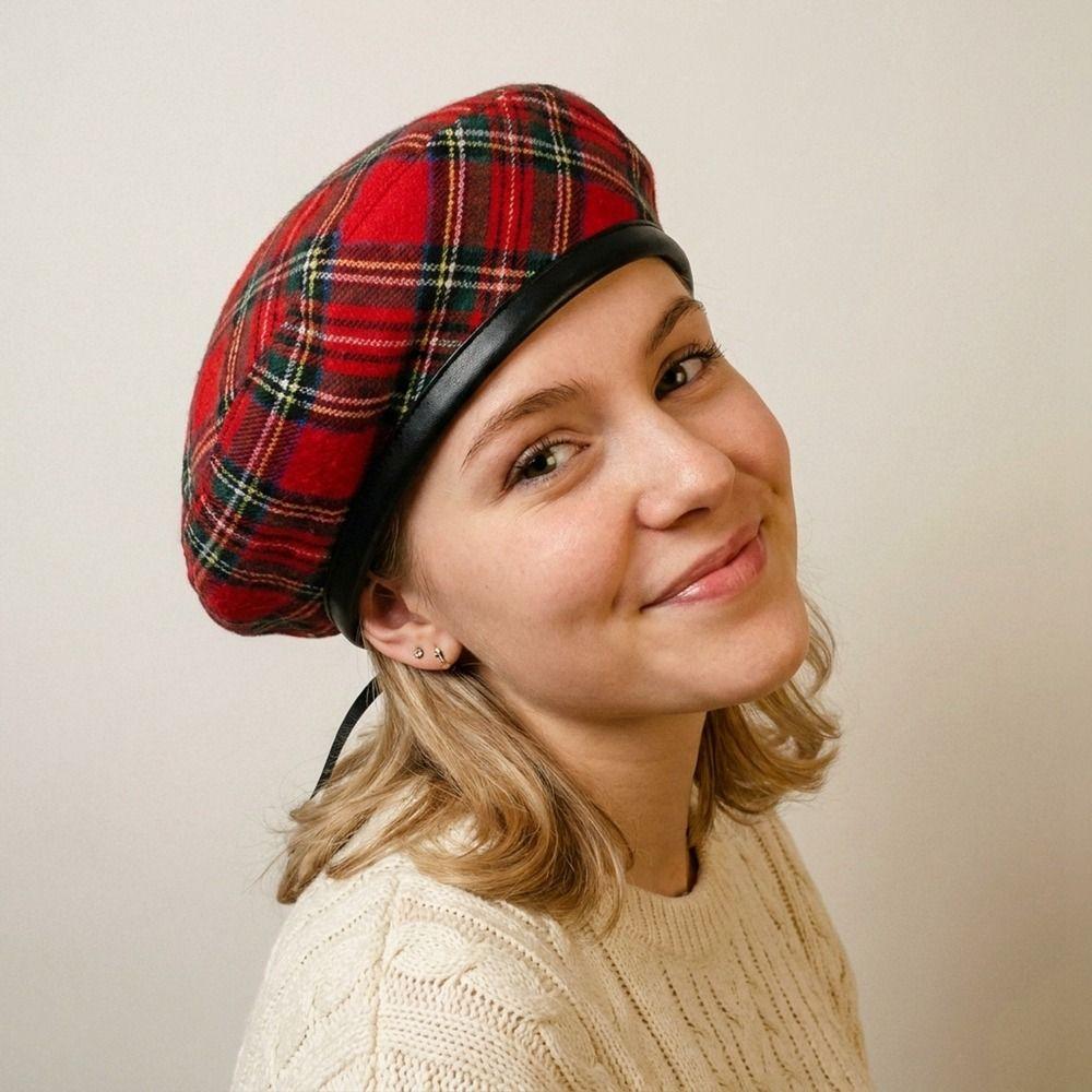Y2K Tartan Plaid Beret Drawstring Artist Hat Fashion Newsboy Cap Girl