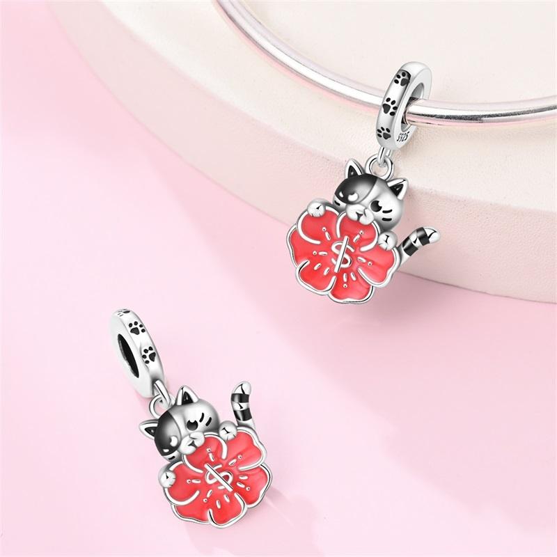 Copper Christmas Tree Charms Cat Send Flowers Bead Pendant Fit Original Charm Bracelets Women Diy Jewelry Gift