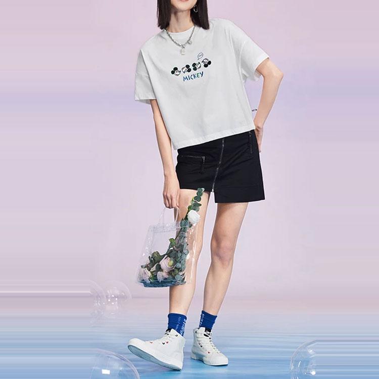 Li Ning X Disney Collaboration Sports Lifestyle Series с принтом Микки Мауса, свитер с круглым вырезом и коротким рукавом, женские топы, белый цвет AHSS876-1
