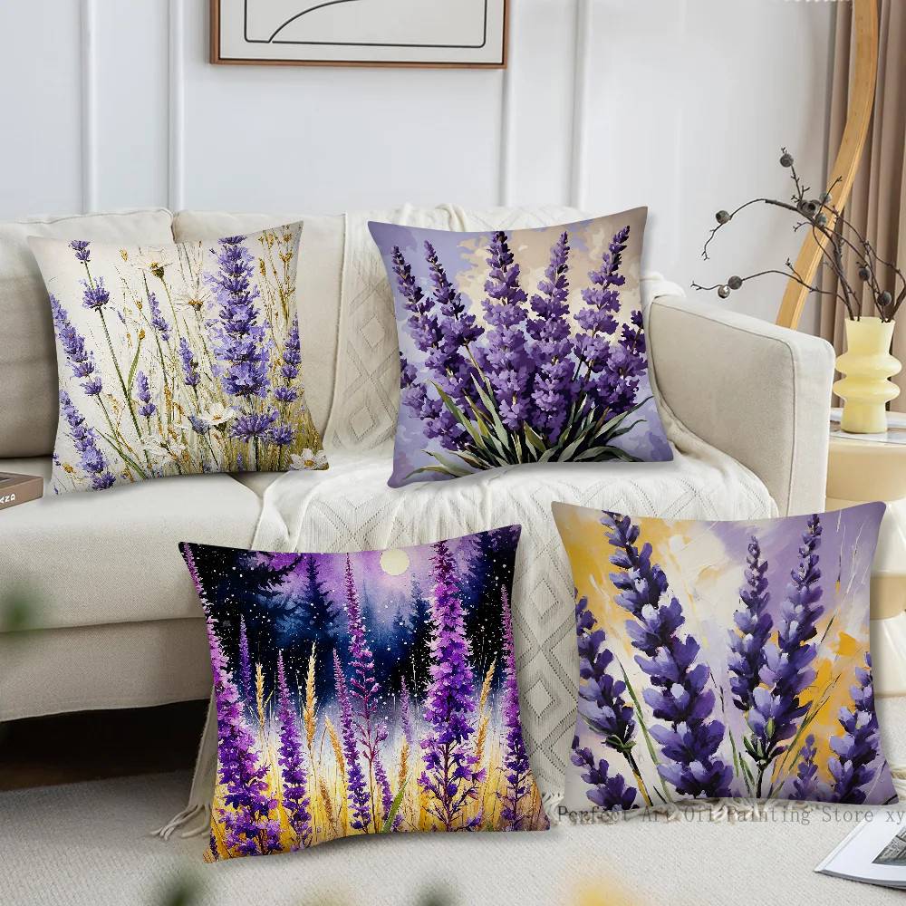 Purple Flower Oil Painting Pillow Case Fashion Square Pillowcase Bedroom Sofa Room Ins Decoration Leisure