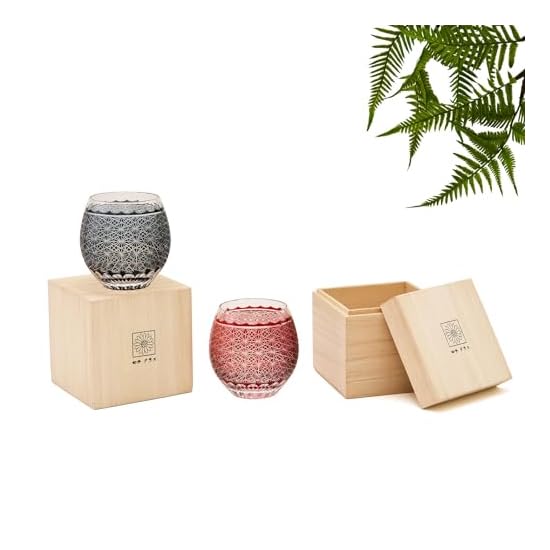 LUGUFON Kiriko Glass Rock Glass Pair Cute Kikutsunagi Pattern Dishwasher Safe in Paulownia Box for C