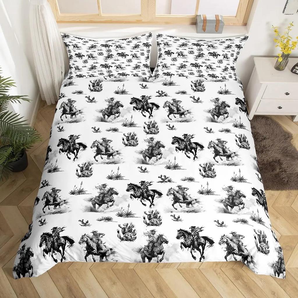 Western Cowboy Duvet Cover Set Twin Size,Horseshoe Stars Cowboy Hat Pattern Comforter Cover Rustic Vintage Southwest Bedding Set