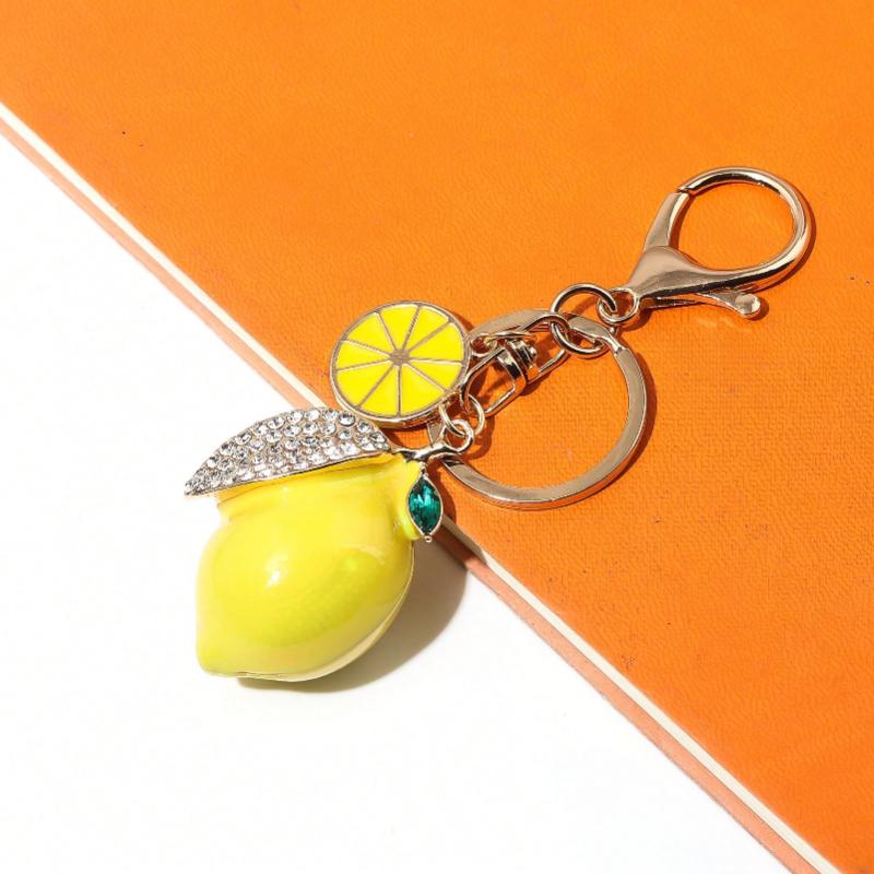 1pc Cute Rhinestone Lemon Shaped Keychain Colorful Fruit Metal Lemon Slice Key Chain Accessory Gift For Mom Friends Lightweight Luxury Accessory