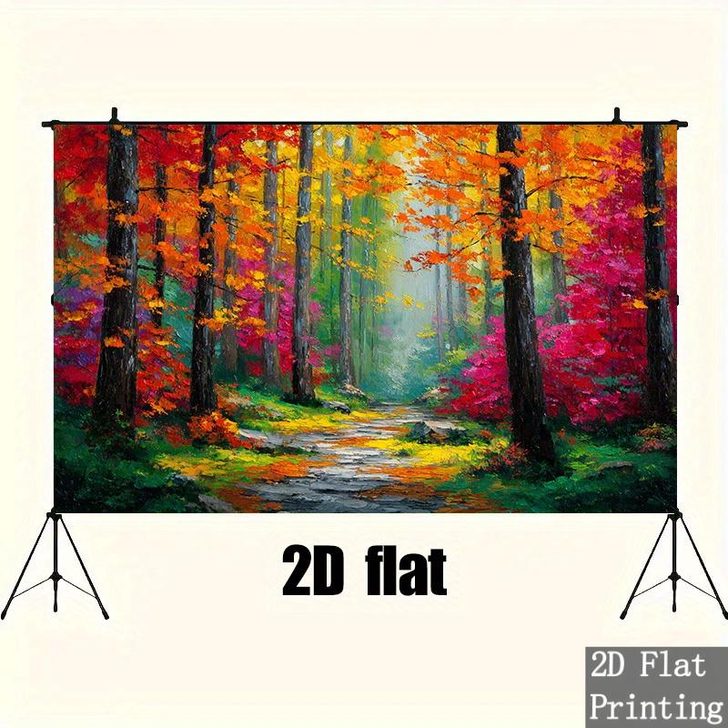 2D plane 1 piece of a magical autumn forest scene with bright colors and a path illuminated by light