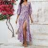 Women's Fashion Summer Spring Flower Pattern Print Short Sleeve V-Neck High Waist Casual Dresses