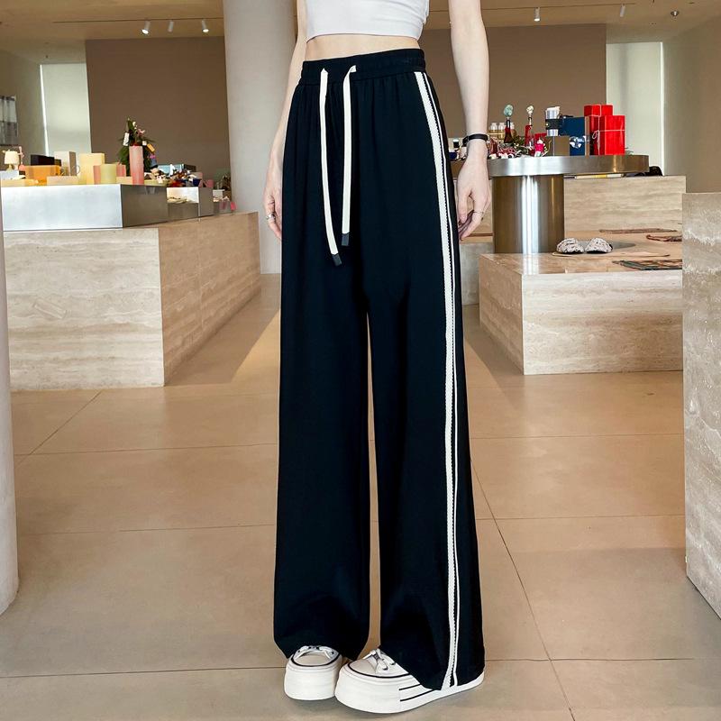 Women's Quick-Dry Ice Silk Wide-Leg Pants with Side Stripe - High Waist, Slimming, Draping Casual Sports Pants