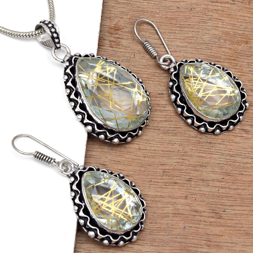 Рутиловый золотой комплект сережек 18-20'' подвеска кварц стерлингового серебра