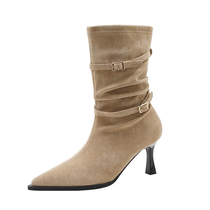 Khaki Suede Pointed Boots Slim Heel Women's Autumn and Winter Short Boots Small Folded Pile Boots High Heels