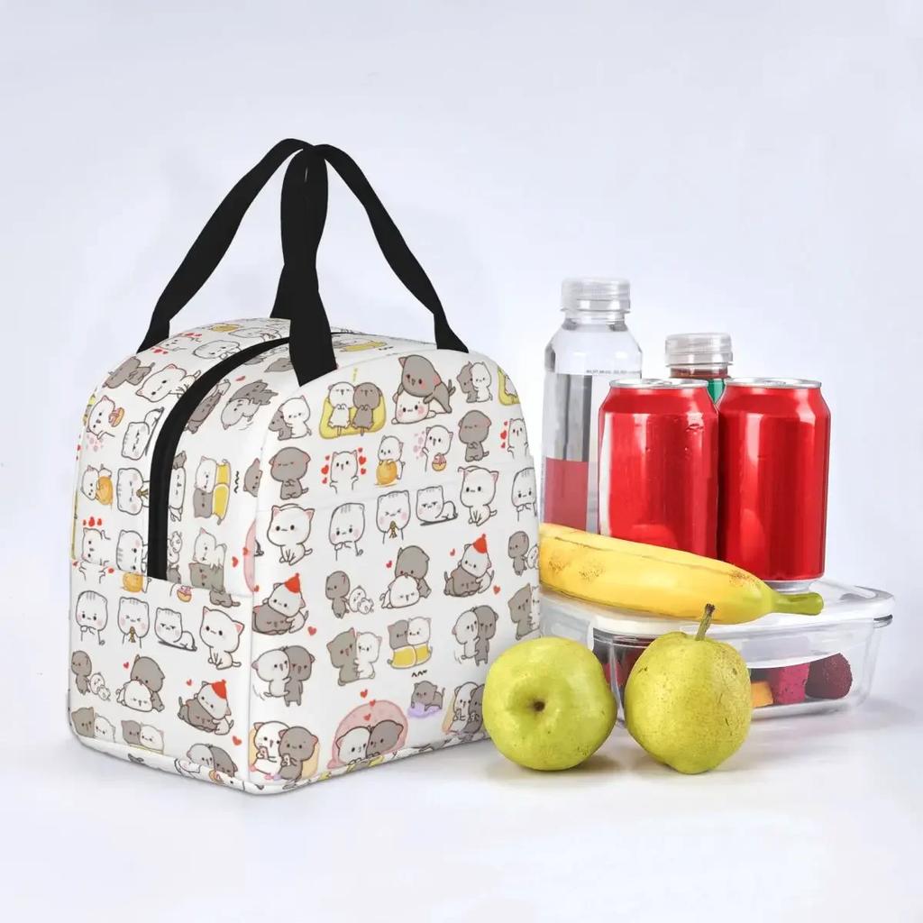 Cute Peach And Goma Insulated Lunch Bag Thermal Bag Lunch Container Cartoon Mochi Cat Large Tote Lunch Box School Travel