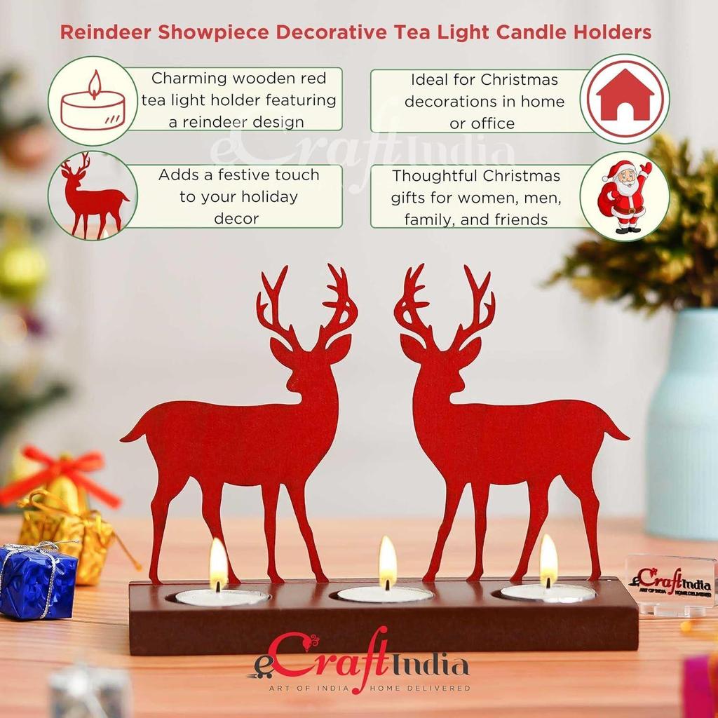 Reindeer Showpiece Decorative Tea Light Candle Holders (Wooden, Red) | Christmas Decoration Items for Home Office | Christmas Ornaments Props