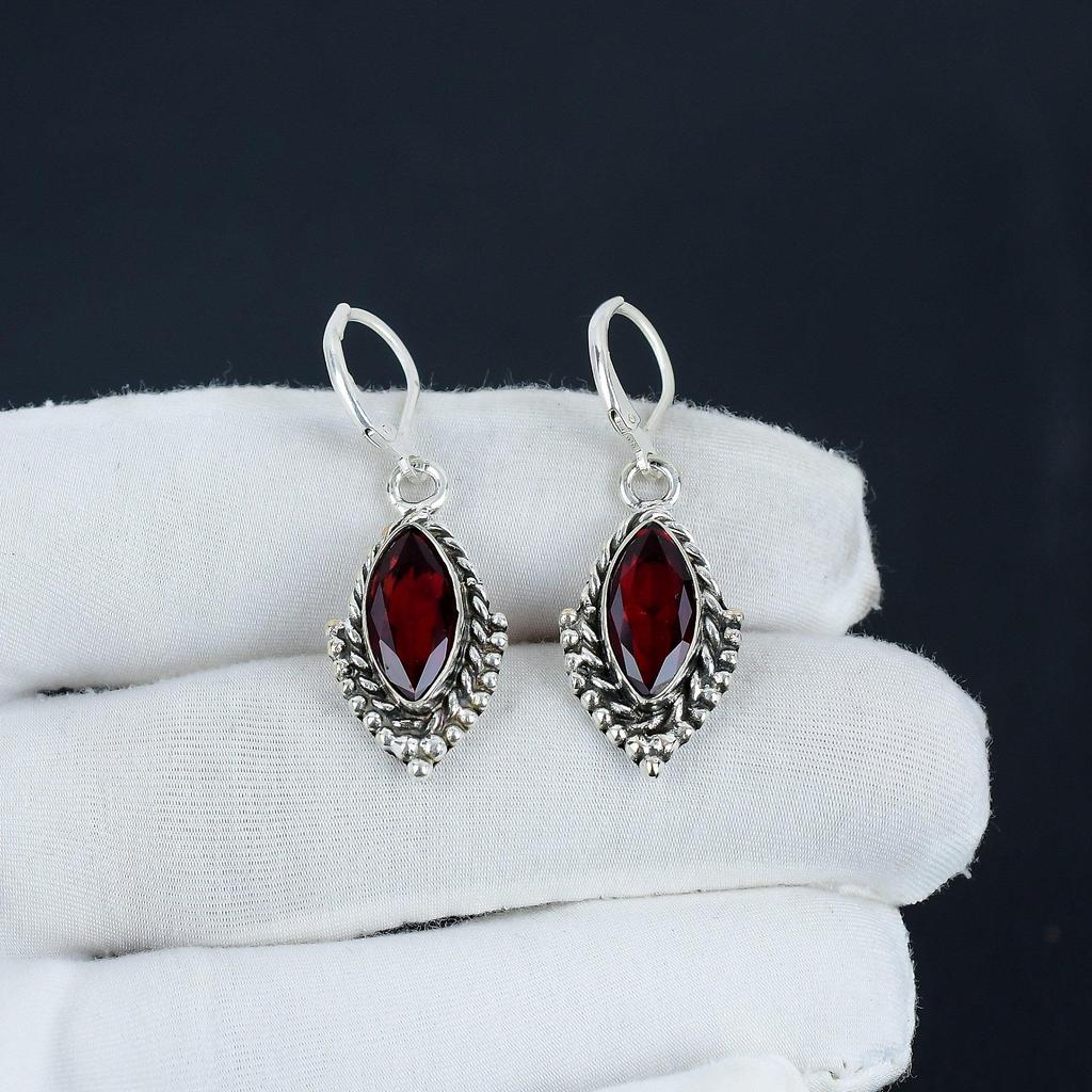 Red Garnet Dangle Earrings, 925 Sterling Silver Handmade Boho Jewelry, Mother's Day Gift