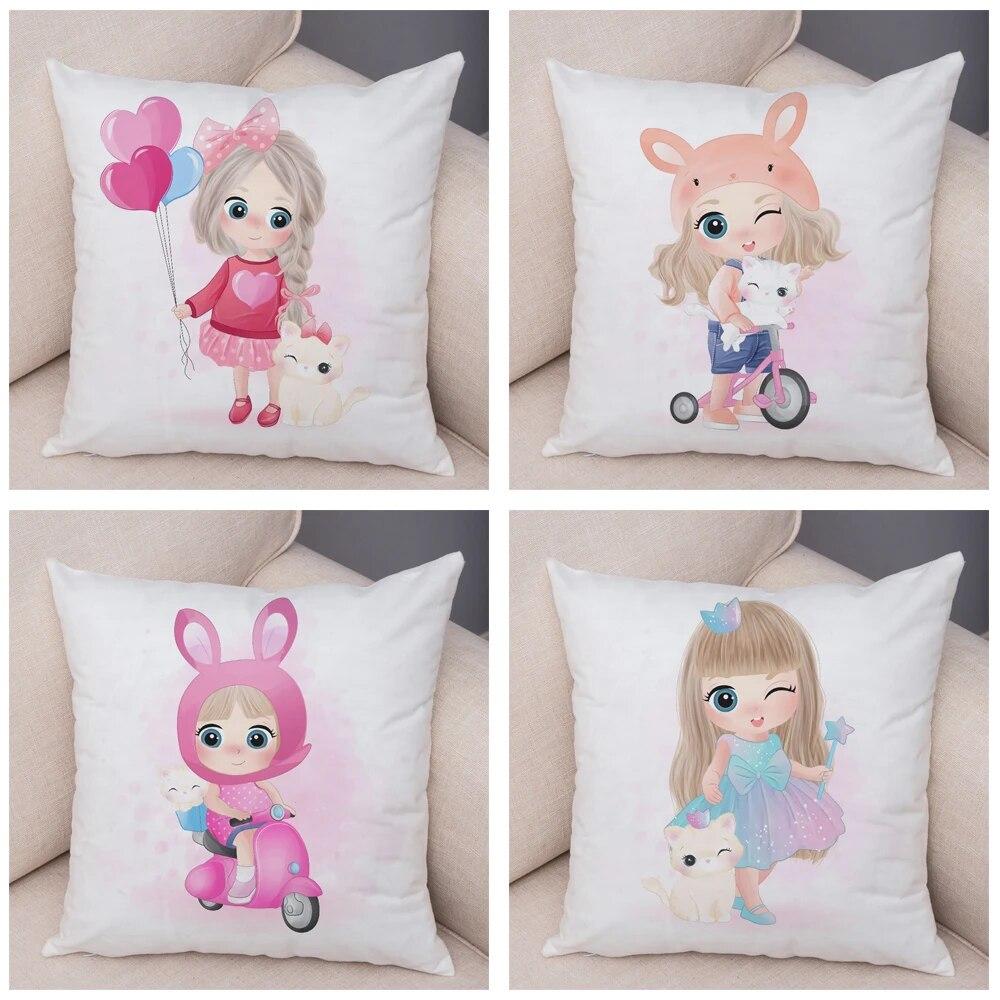 Children's Room Sofa Home Pillowcase Cute Cartoon Girl and Cat  Decoration  Animal Cushion Cover