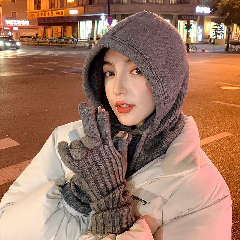 One-piece Solid Color Drawstring Hooded Scarf, Windproof Winter Beanie Hat & Scarf Set