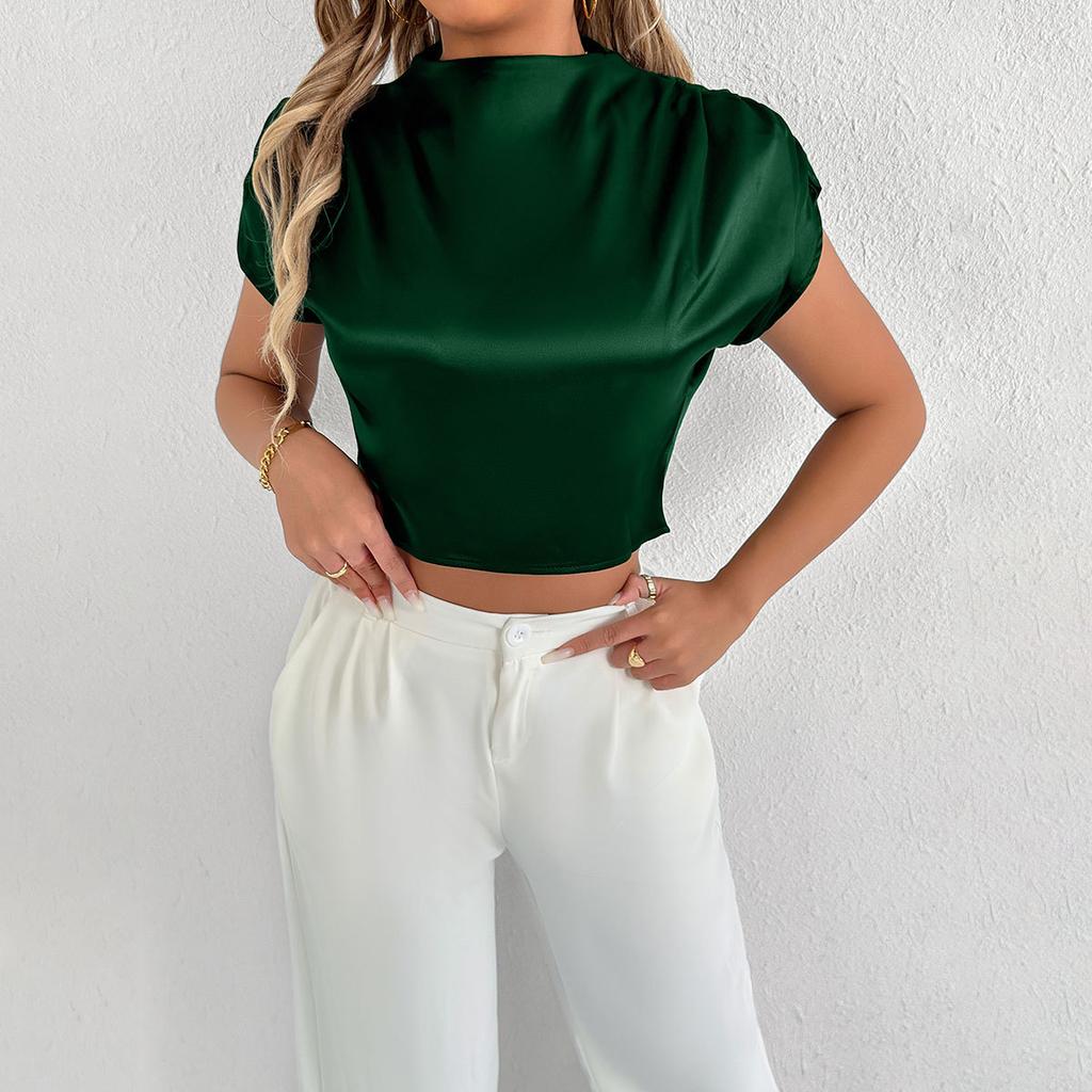 Летние атласные рубашки Модные однотонные Высококачественные женские блузки и рубашки с коротким рукавом