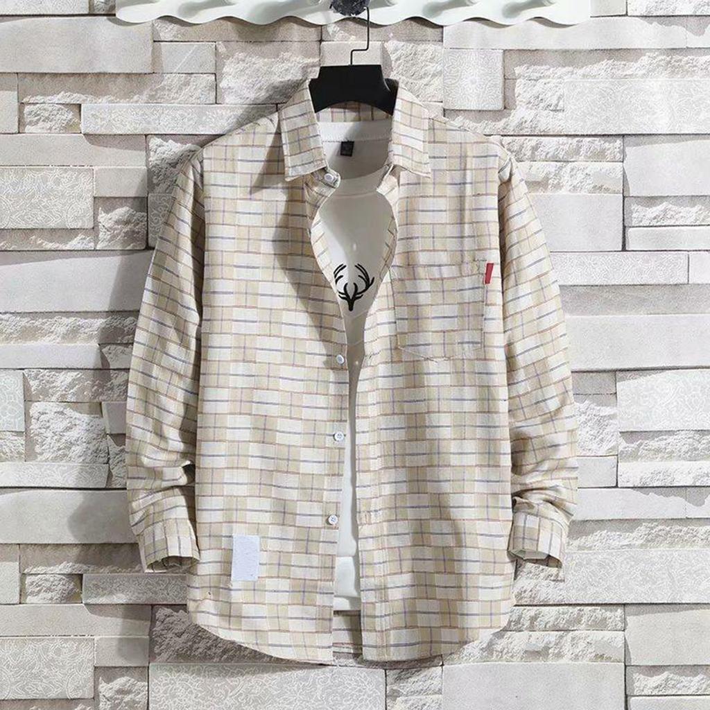 Мужские блузки Рубашка с лацканами Длинные рукава Клетчатые футболки Свободная рубашка с пальто на пуговицах Повседневные рубашки Большие размеры Модные топы